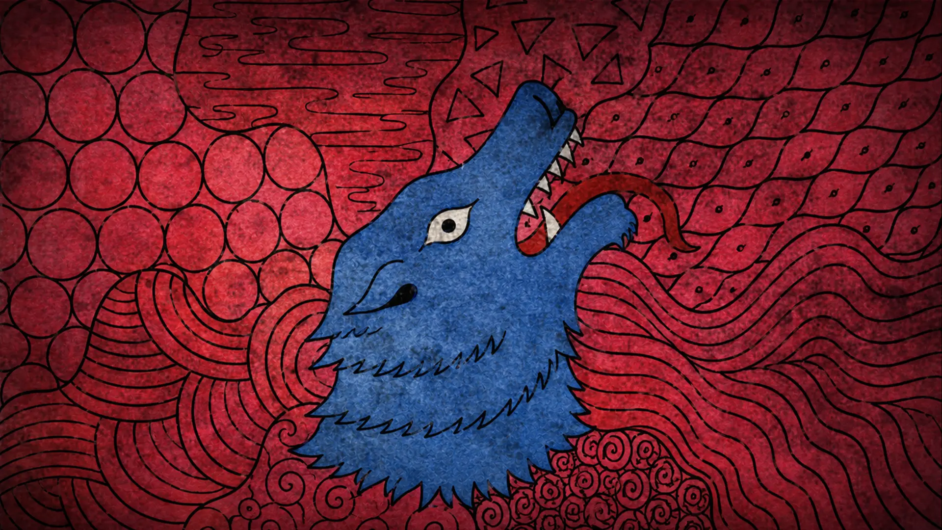 Illustrated close-up of Mahasona’s bear head against a patterned red background