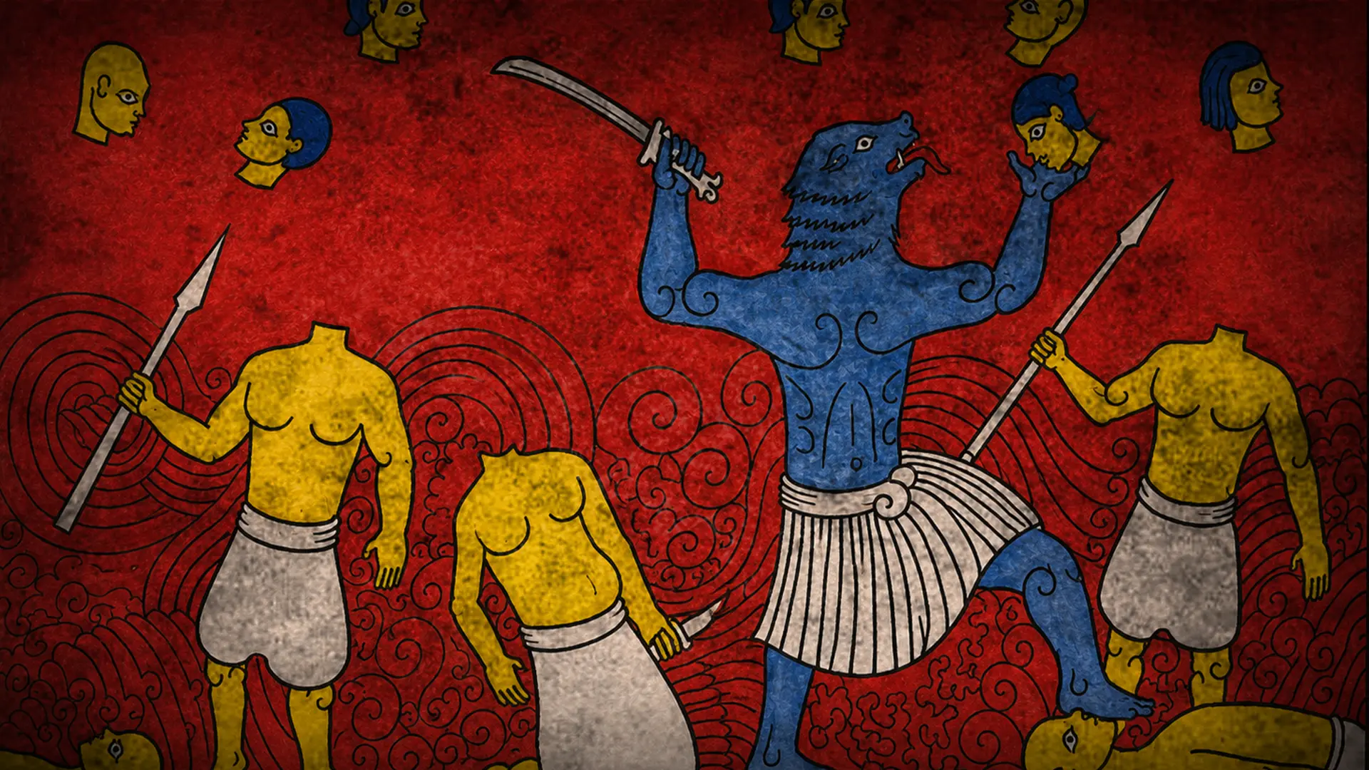 Mahasona depicted amid a battle in a traditional painted style