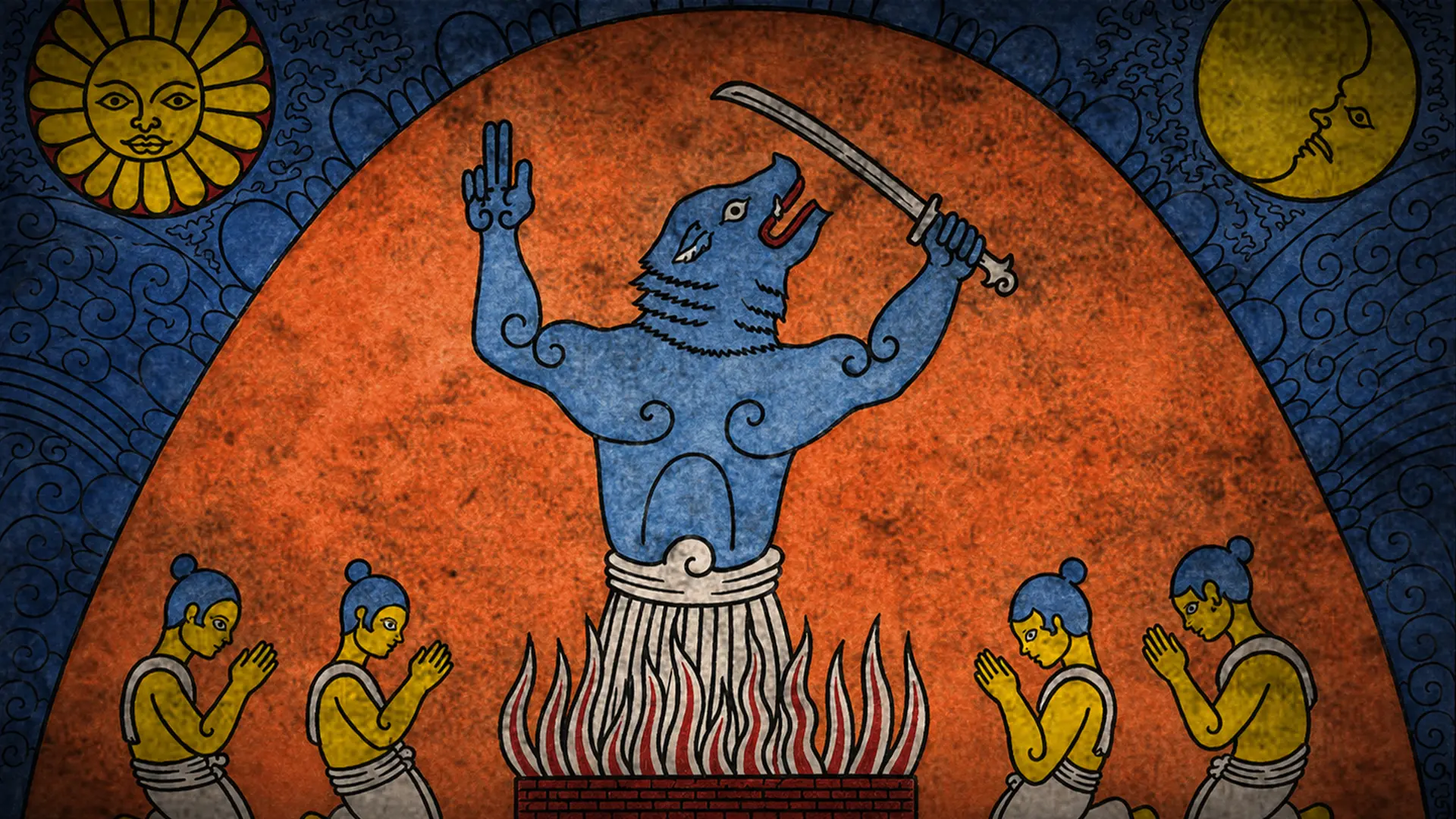 Illustration of the bear-headed Mahasona with a sword above figures gathered around a fire