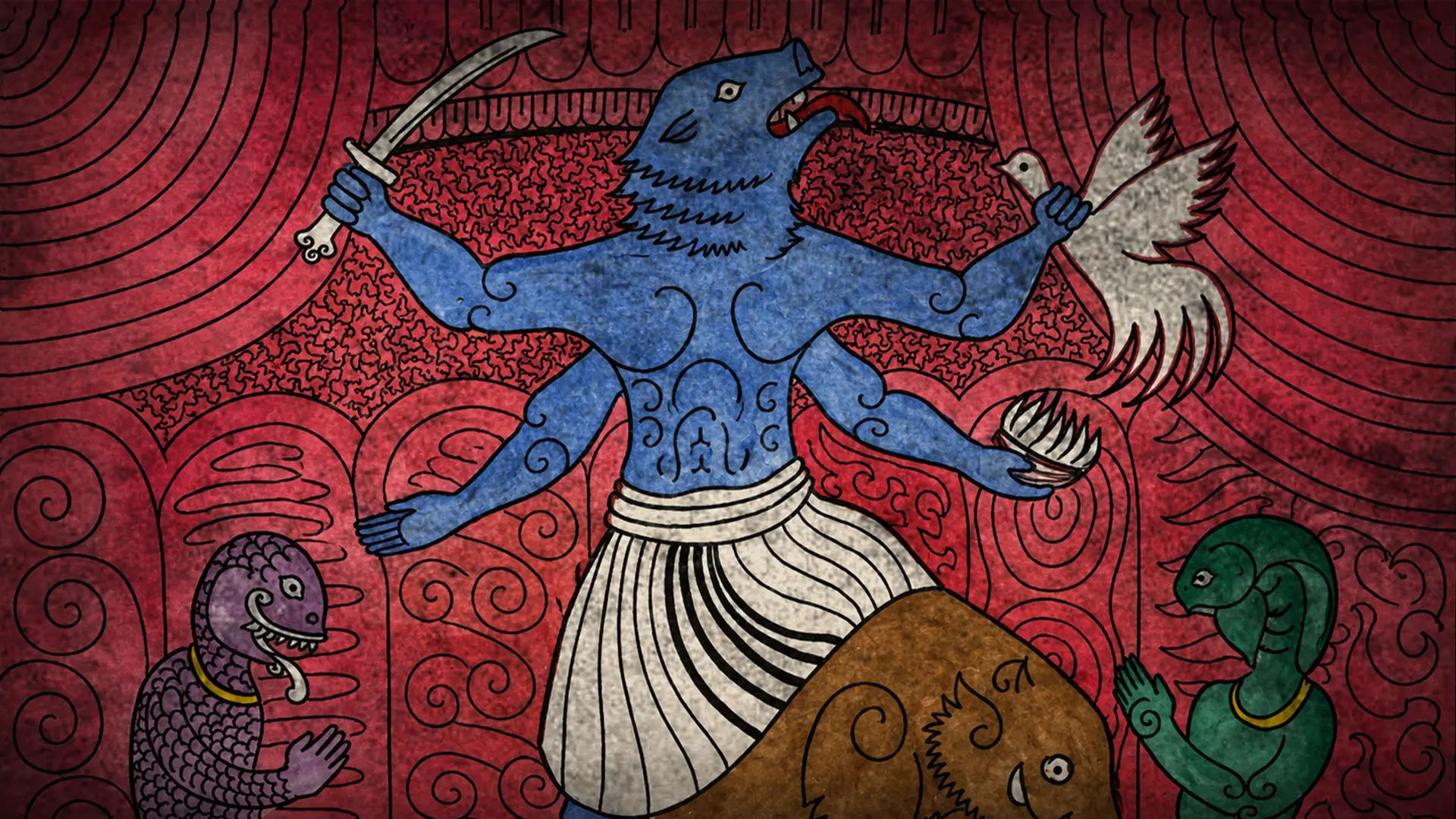 Four-armed Mahasona holding a sword in a painted folklore scene