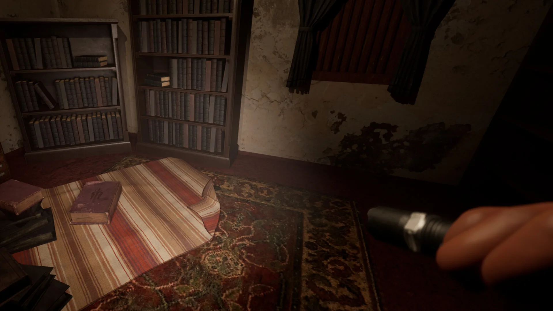 First-person investigation inside an old house in an official Moha Steam screenshot